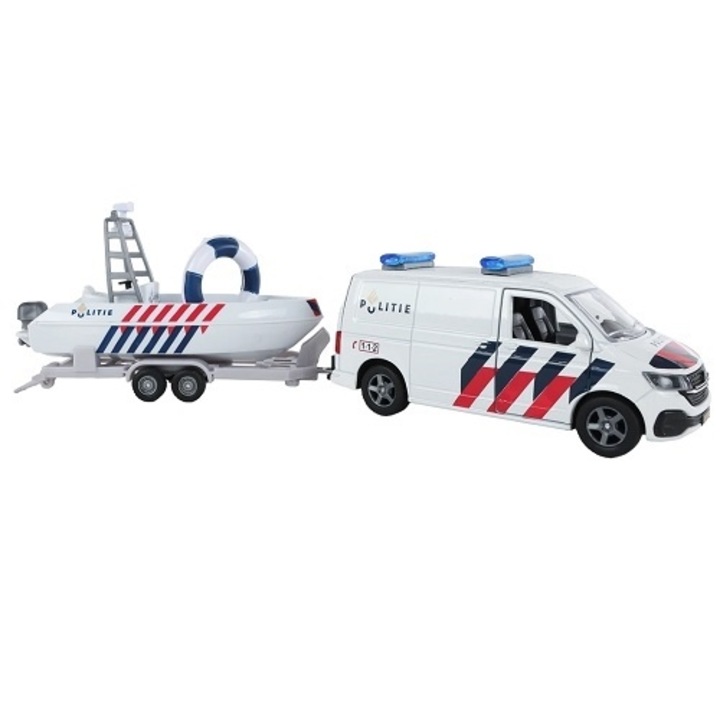 Fém makett VW Transporter Rendőrségi hajóval, Gyermekeknek, 29 cm, Fehér