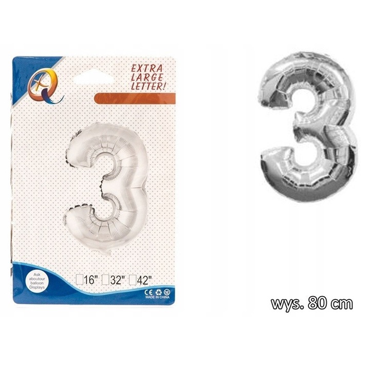 Fólia lufi, szám 3, 80cm, ezüst