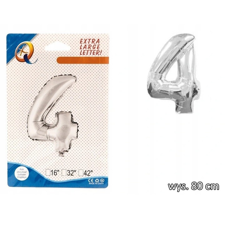 Fólia lufi, szám, 4, 80cm, ezüst