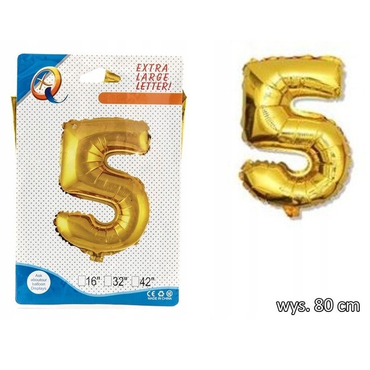 Fólia lufi, szám 5, 80cm, arany