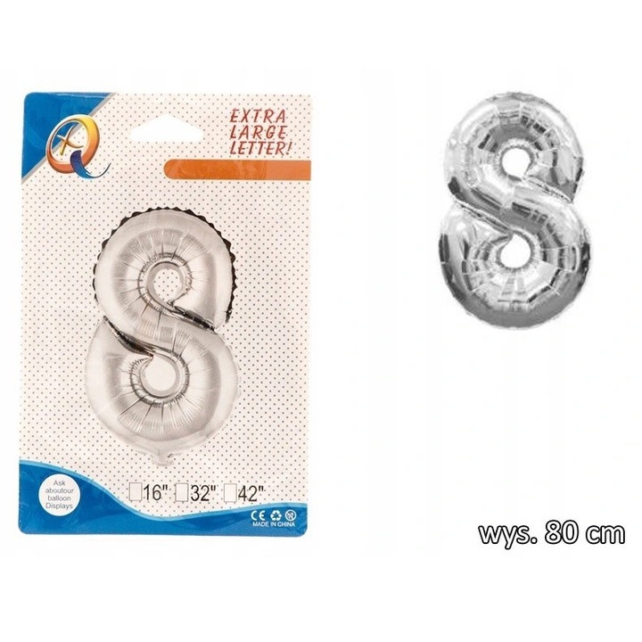 Fólia lufi, szám, 8-as, 80cm, ezüst