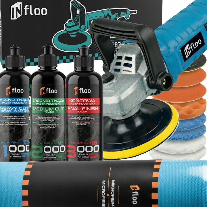 Set masina lustruit, Infloo, 1580W, 3 paste polish, 30 role microfibra, taiere agresiva, finisare, corectie lac, performanta ridicata