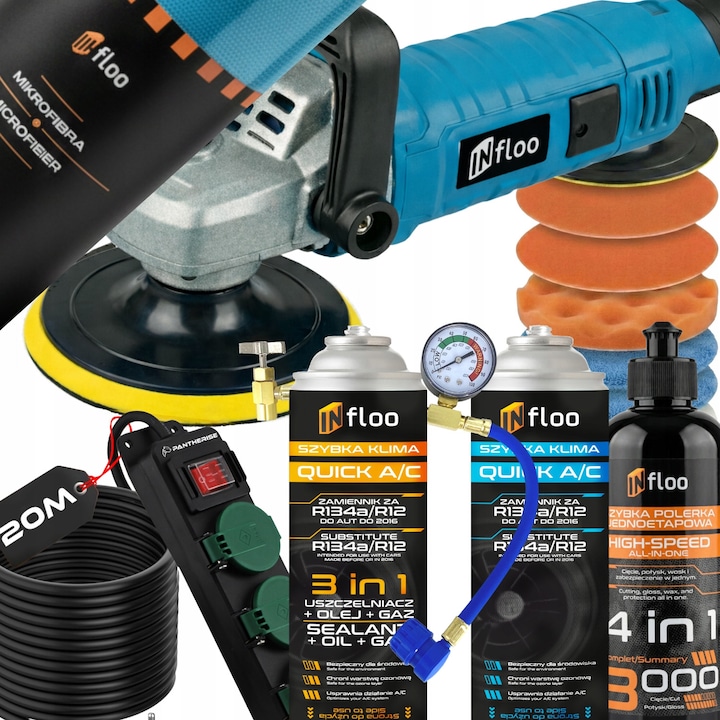 Set detailing, Infloo, masina 1580W, reincarcare clima R134a, pasta 4in1, prelungitor 20m, kit complet intretinere auto, luciu si confort