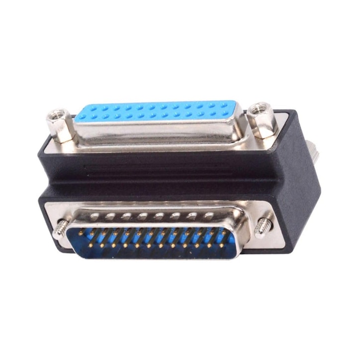 Adaptor serial RS232 DB25, unghi 90 grade, mufa tata cu piulite, mufa mama cu suruburi