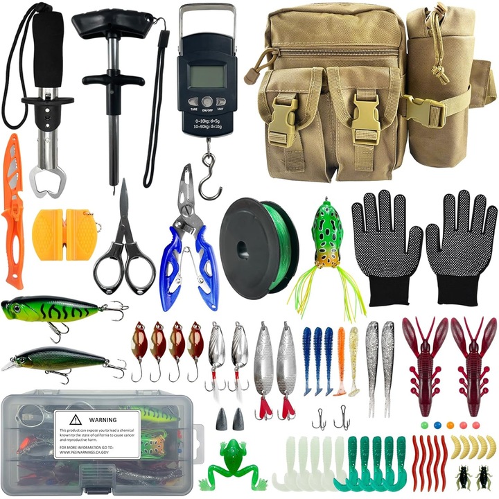 Set Complet Accesorii Pescuit 63 Piese, L PATTERN, Diverse Momeli, Balanta 50kg, Trusa Profesionala
