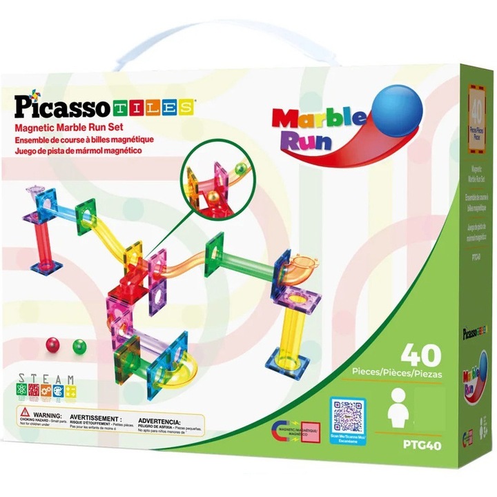 Set de constructie magnetic Picasso Tiles - Circuit pentru bile, 40 piese