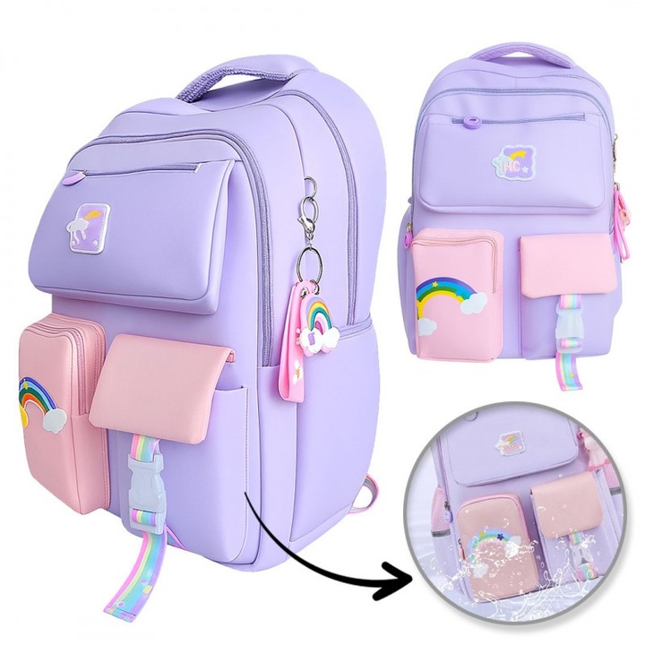 RAINBOW édes univerzális iskolai hátizsák zsebekkel és fényvisszaverőkkel PL160FIO