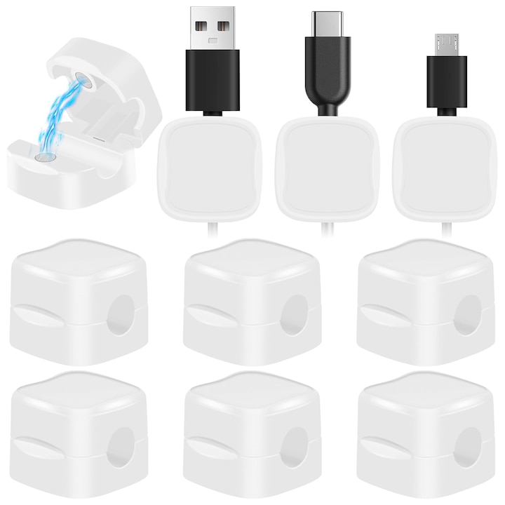 Set 6 Suporturi Magnetice pentru Cabluri, WUISOLQP, Design Alb, Diametru Canal 7.5mm