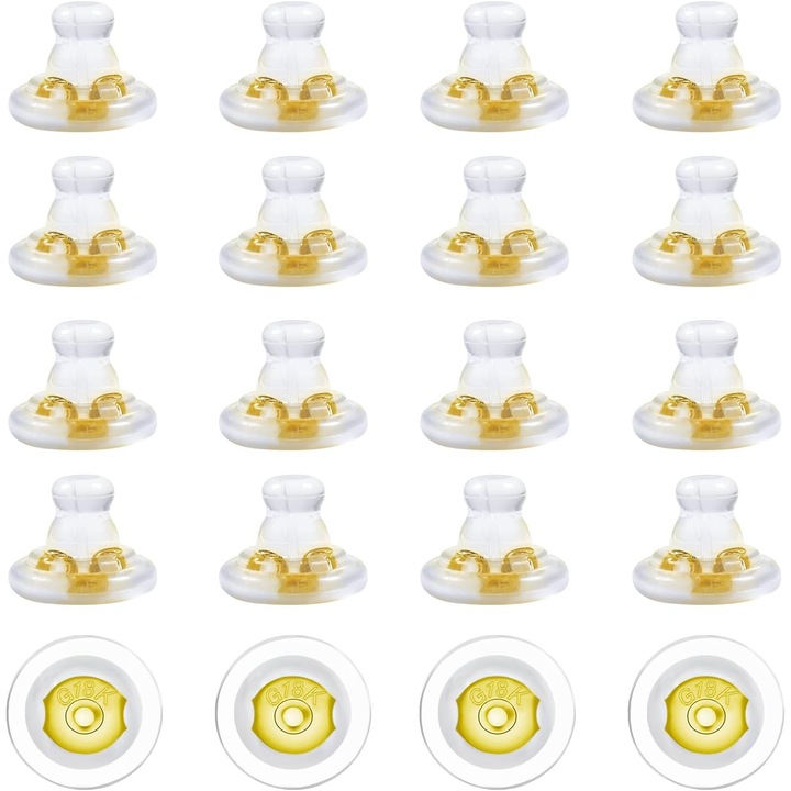 Dopuri siguranță aur 18K, set de 16 bucăți, silicon transparent, dimensiune 7x11mm
