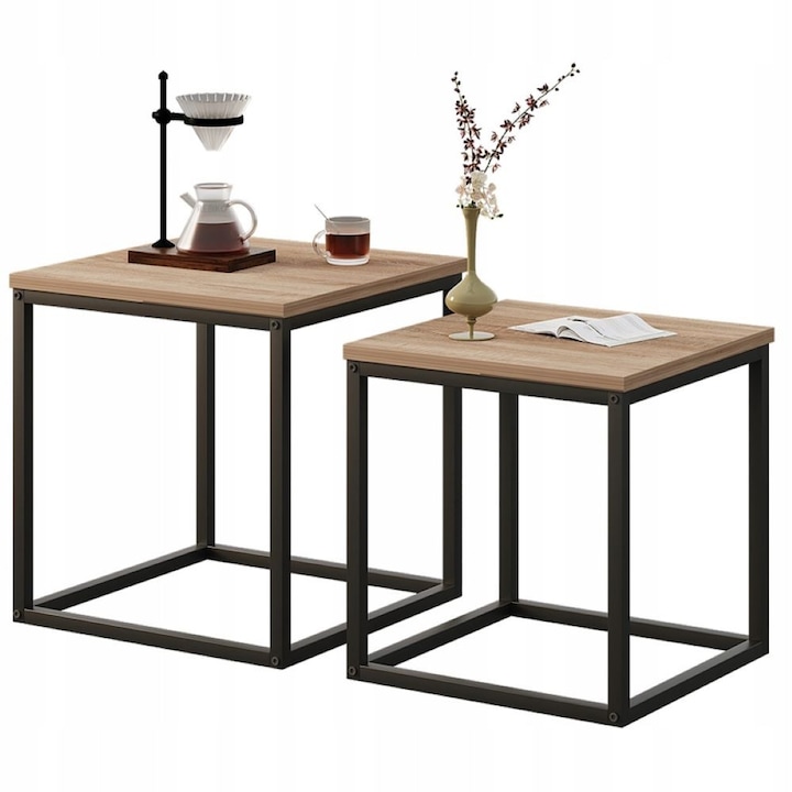 Masa de cafea/set de mese 2-in-1, BADU, loft industrial, maro deschis, 50x50cm