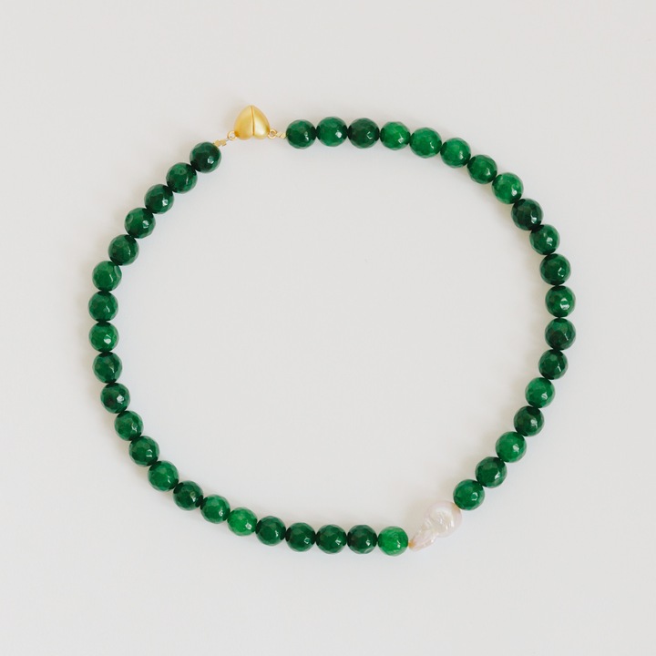 Colier Rain Jewelry, jad smarald, perla de cultura baroc, cupru