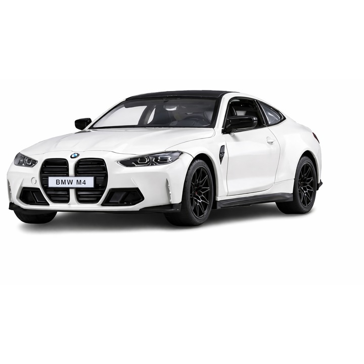Masinuta Metalica BMW M4 la Scara 1:24 cu Usi, Capota si Portbagaj Mobile, Sunete si Lumina, Alb, 20cm