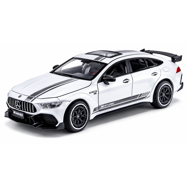 Masinuta Metalica Mercedes AMG GT63 la Scara 1:24 cu Usi, Capota si Portbagaj Mobile, Sunete si Lumina, Alb, 21cm