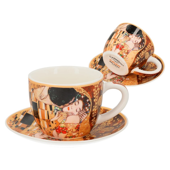 Чаша с чинийка 250мл, Г. Климт, Целувката, многоцветна