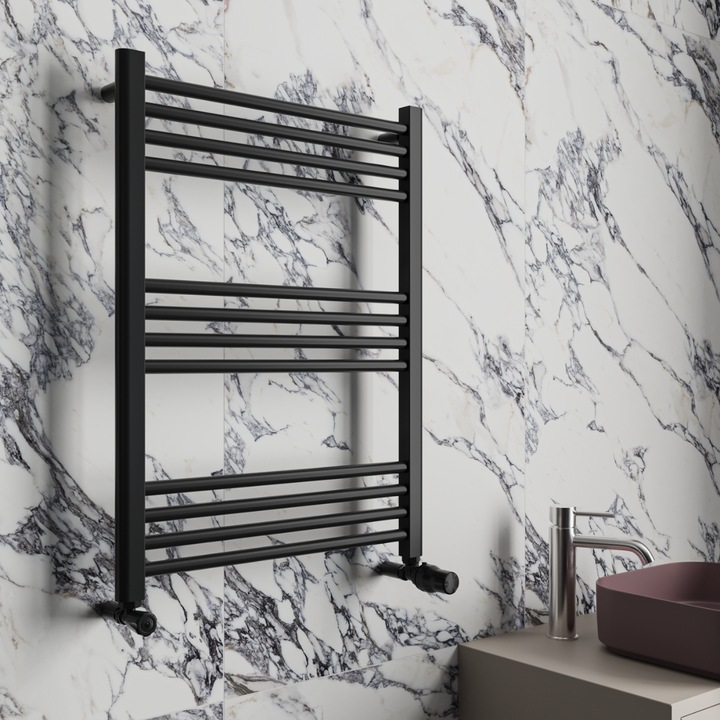 Calorifer baie portprosop Thermofix, drept, otel, negru, 800 x 600 mm, accesorii incluse