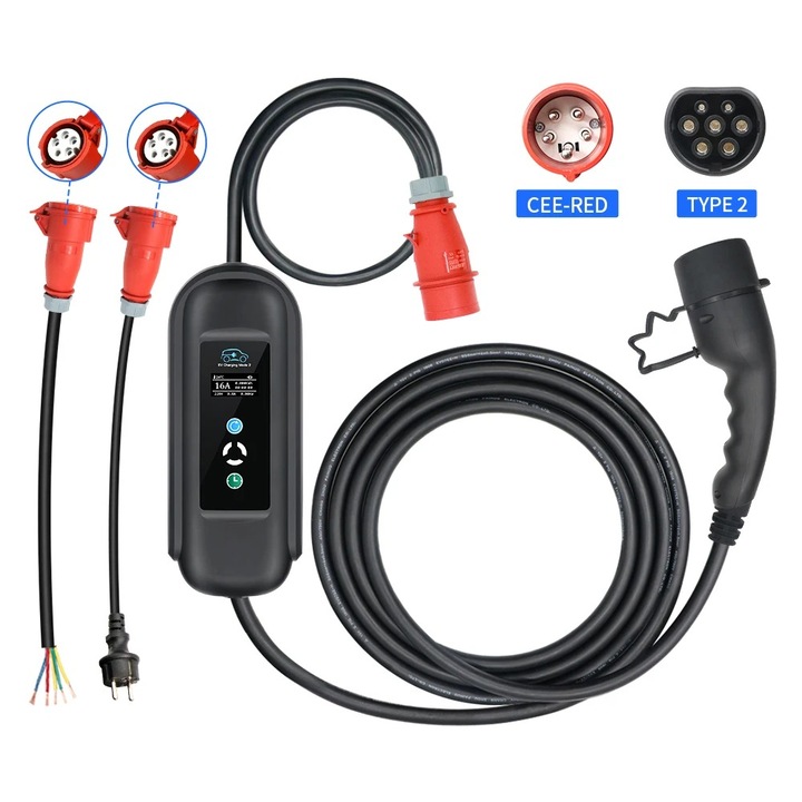 TRB 11KW Hordozható elektromos autó fali töltő, EV töltő 5m kábellel, 2db adapterrel