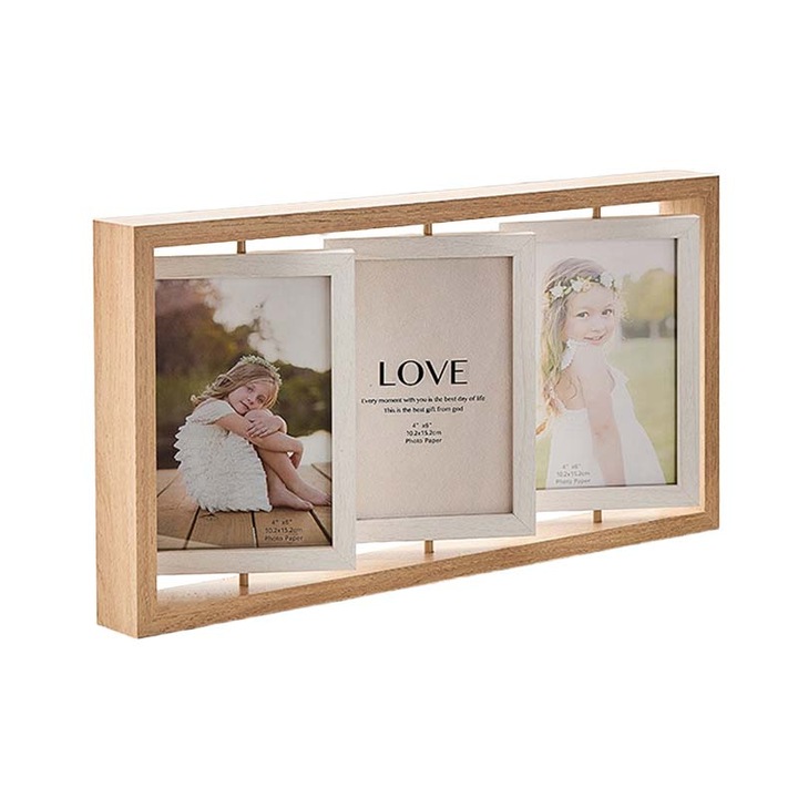 3 db természetes fa képkeret készlet, kétoldalas, fotókollázs falra/asztalra, natúr szín, 28x4x21cm (keretenként)
