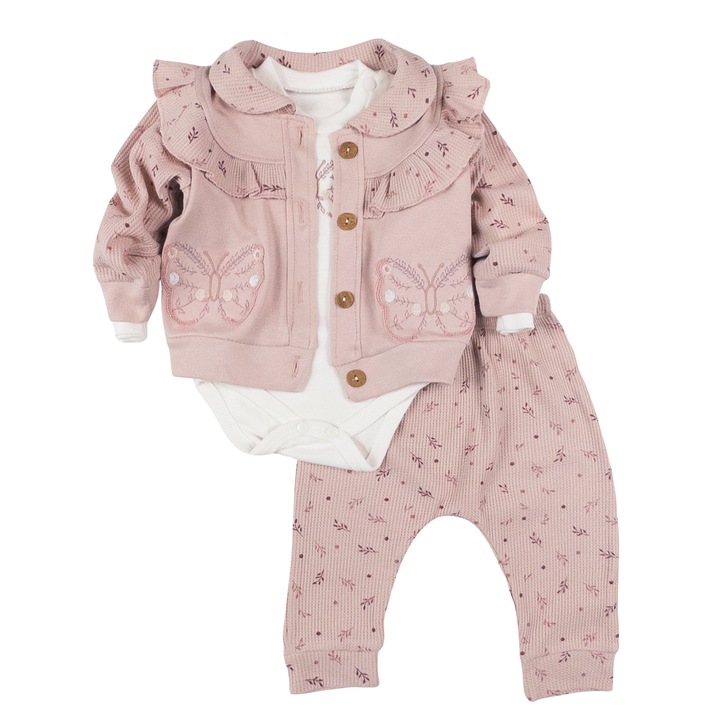 Compleu 3 piese pentru fetite, model Fluturasi, Cafeniu 9717