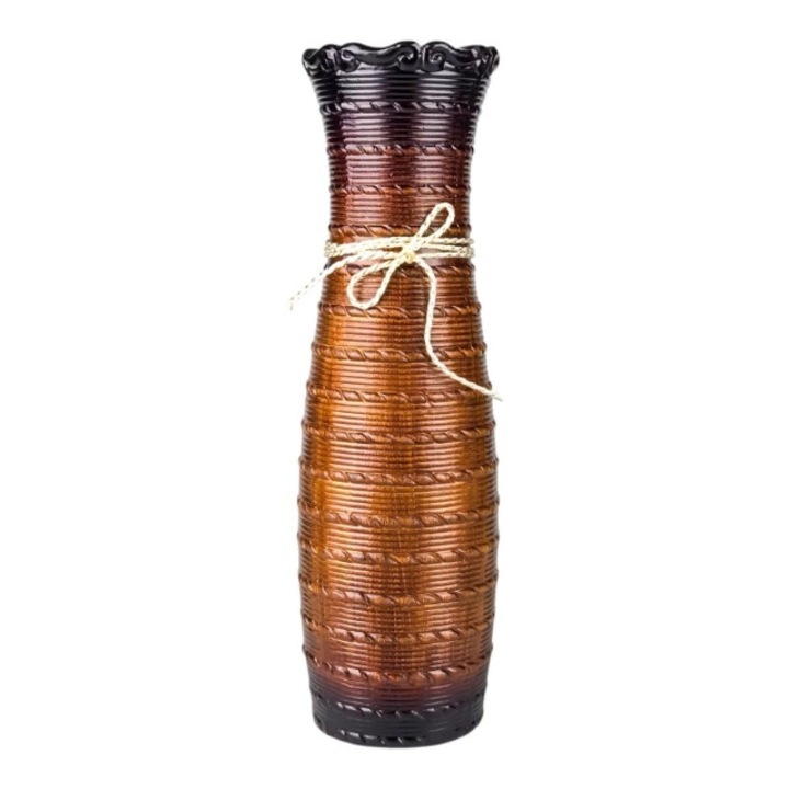 Vaza din ceramica, cu dungi si snur, 15x51 cm, maro M1