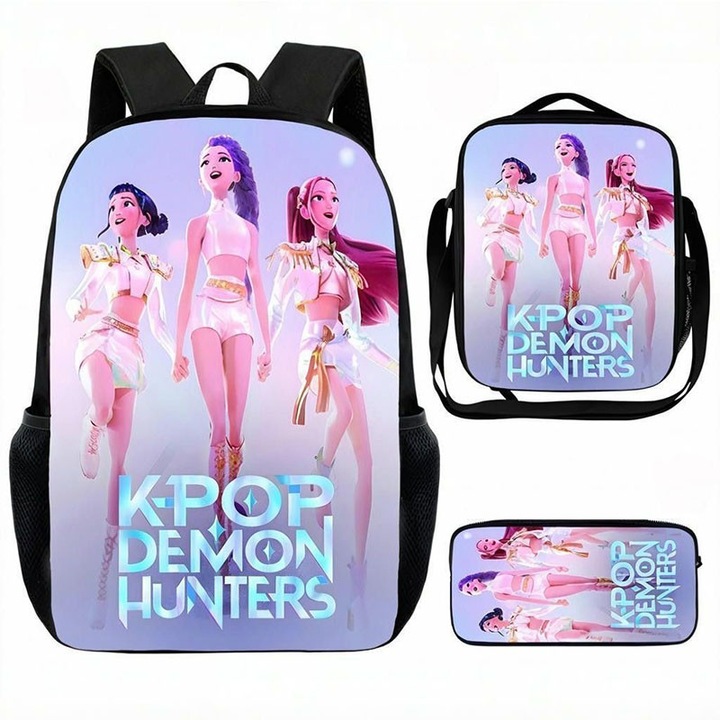Setul de ghiozdane scolare K-Pop format din 3 piese include un rucsac, o geanta crossbody si un penar, multicolor