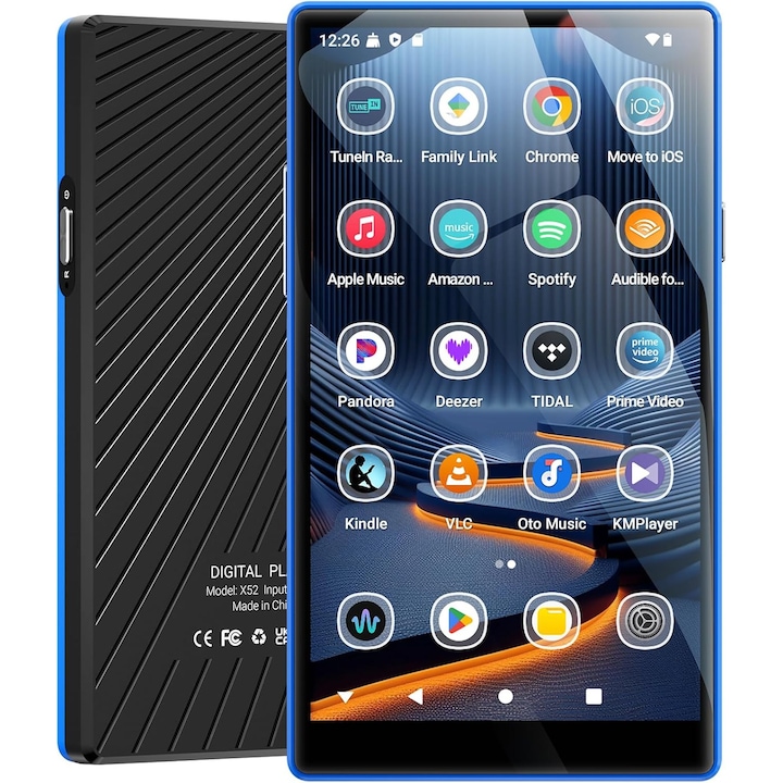 MP3 Player Android 160GB (32GB + 128GB), ecran de 5 inch HD, Android 13, 4GB RAM, Octa-Core, Bluetooth 5.0, WiFi Dual Band, Radio FM, mod copii, compatibil Spotify, Amazon Music, Deezer, Audible, baterie 2500mAh