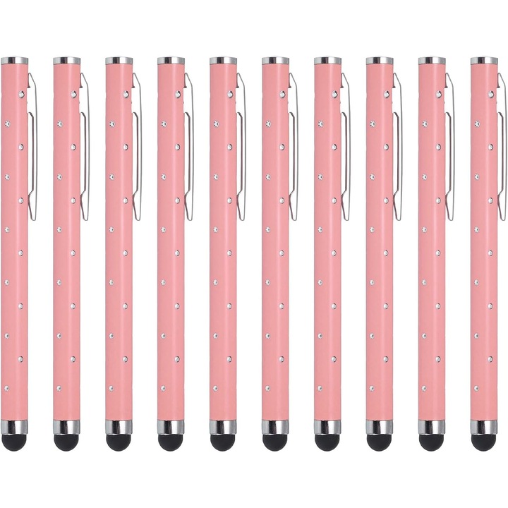Set 10 Pixuri Stylus cu Strass, metal, roz, universal