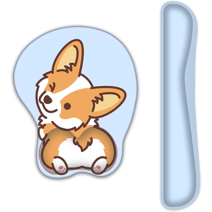 Set suport ergonomic mouse și tastatură AOKSUNOVA, design Corgi, 21.5x26.5cm și 44x8cm, multicolor