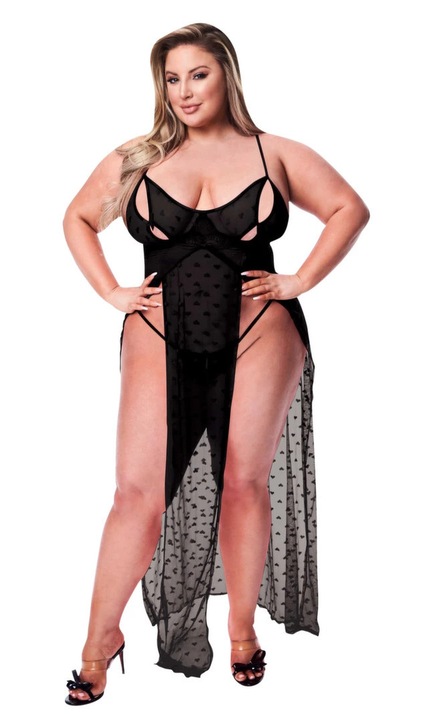 Szexi fehérnemű szett, Baci, fekete hálós ruha szív alakú díszítéssel és hozzá illő bugyival, One Size INTL