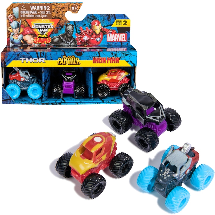 Monster Jam 3 Mini Jams Marvel Thor Fekete Párduc Vasember kisautó készlet