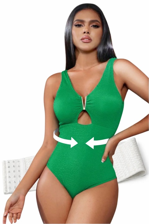 Egyrészes fürdőruha Linovit, Tartalmaz alakformáló fűzőt a derék karcsúsításához, V-kivágás arany színű fém kiegészítővel, Zöld