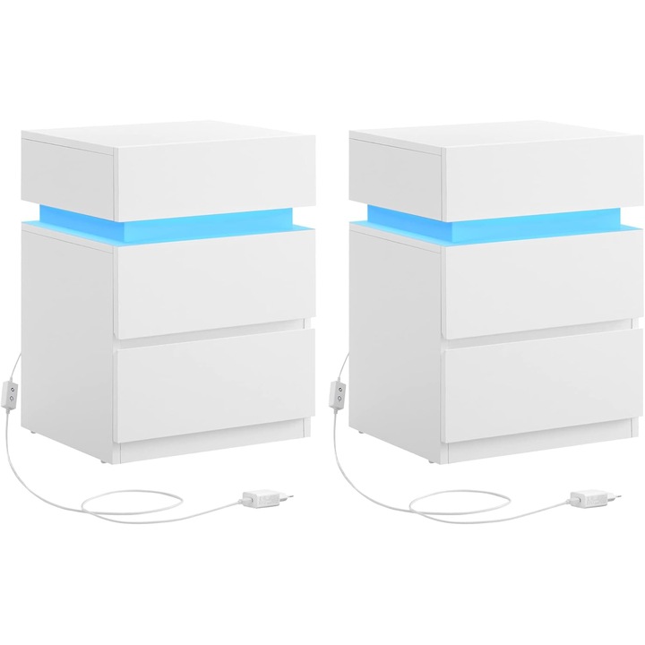 VASAGLE Set 2 noptiere din MDF cu iluminare LED, culori si intensitate reglabile, 35x40x55cm, alb