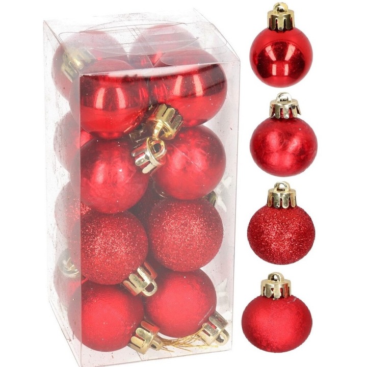 Globuri de Craciun, Luka, set 16 buc, 3cm, rosu