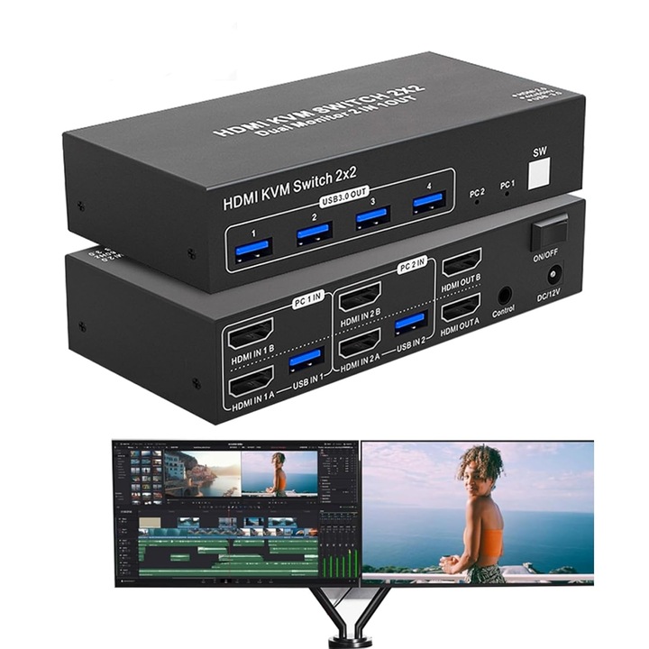 KVM HDMI USB 3.0 kapcsoló BolAAzuL, 2 PC, 2 monitor 4K@60Hz, 4 USB 3.0 port