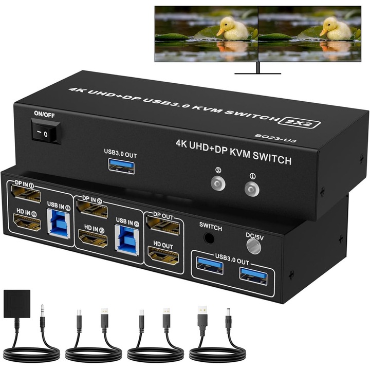 BolAAzuL KVM kapcsoló két monitorhoz, 4K 60Hz, 2x HDMI, 2x DisplayPort, 2x USB 3.0