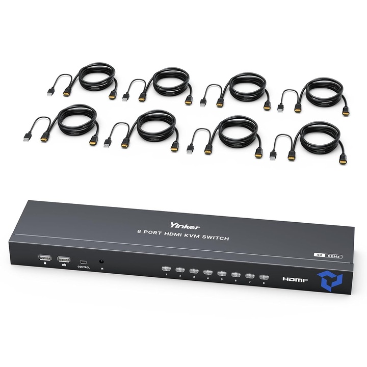 Yinker 8 portos HDMI KVM kapcsoló, 4K 60Hz, Type-C töltőport, 4 USB port