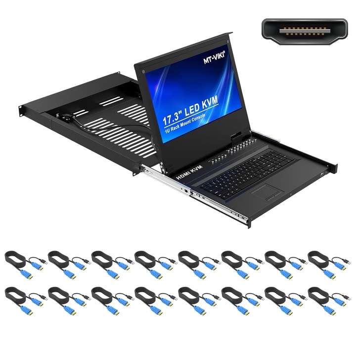 MT-VIKI 16 portos Rackmount KVM konzol, 17.3" LCD monitor, billentyűzet és érintőpad, 600x800mm