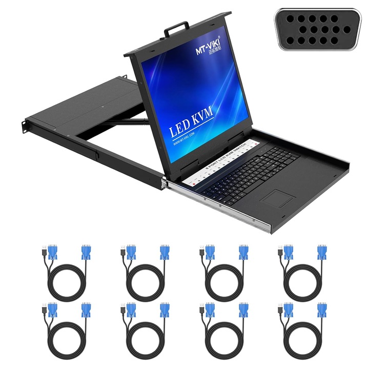 Consola KVM LCD 19" MT-VIKI, 8 portos, 1U Rack-be szerelhető, HD 1280x1024 felbontás
