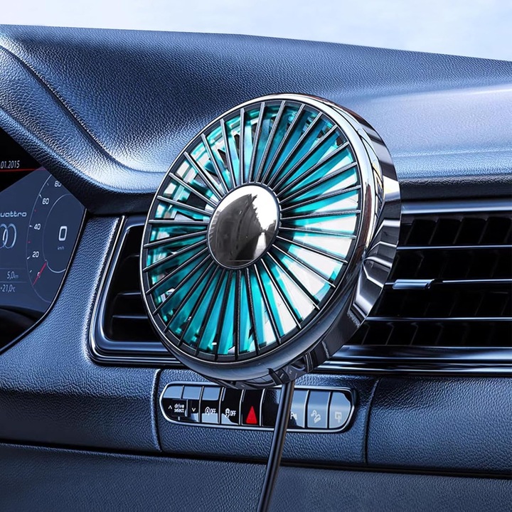 Ventilator USB Auto pentru Aerisire, KooFlip, 3 Viteze, Lumina LED Colorata, 9.5 CM, Argintiu