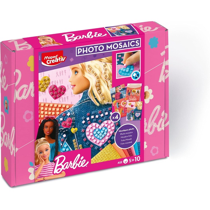 Set Creativ Mozaic Barbie, 4 planse ilustrate, 8 foi mozaic autoadezive, multicolor, pentru copii de 5 ani+