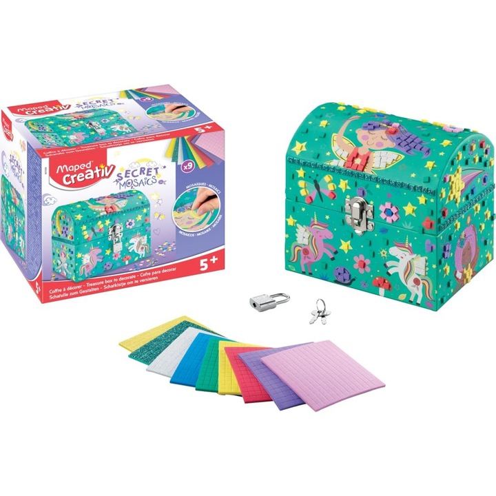 Set creativ Mozaic Secrete Maped, cutie depozitare bijuterii, 9 coli pietre autoadezive, multicolor, pentru 4 ani