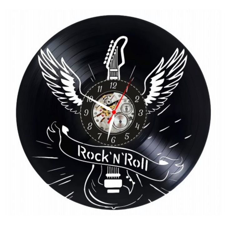 Dekoratív falióra - Rock’N’Roll Spirit - Elektromos Gitár Szárnyak Design - bakelit lemezből készült, Fekete, 30 cm