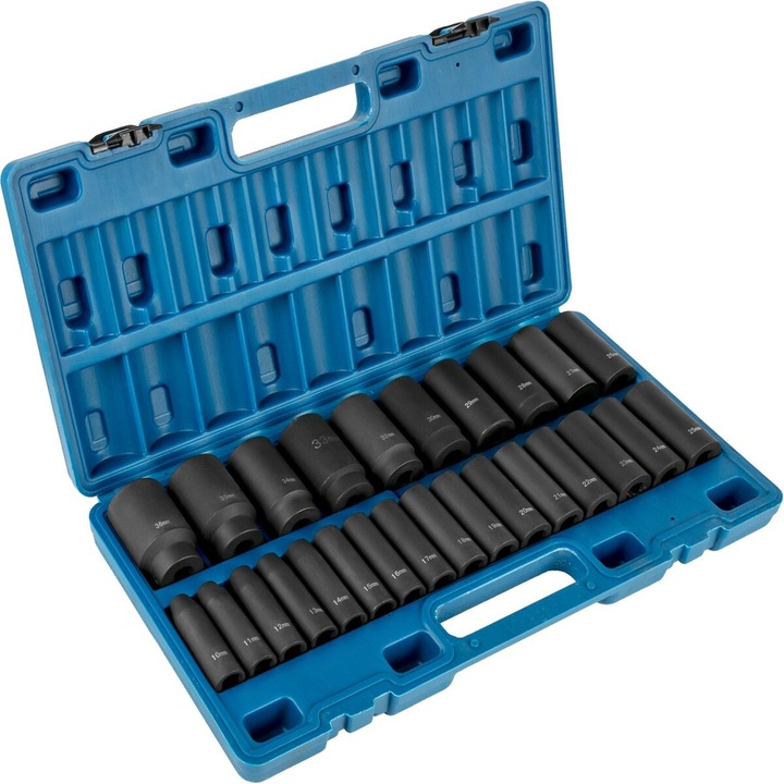 Set de tuboane cu impact 1/2", VEVOR, 26 piese, adânci, 10mm - 36mm, construcție Cr-V, cu suport de depozitare