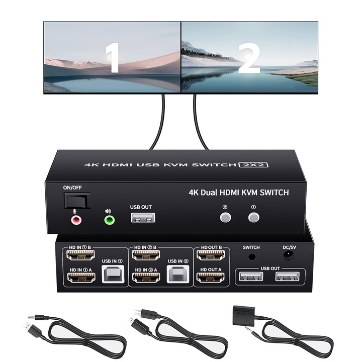 BolAAzuL HDMI USB KVM kapcsoló 2x2, 4K@60Hz, 2 monitor, 5 USB port