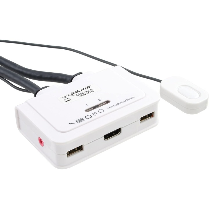 InLine USB HDMI KVM kapcsoló audióval, 2 integrált kábelkészlet 0.9m, fekete/fehér