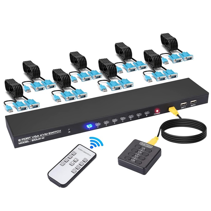 KVM VGA kapcsoló 8 portos, TCNEWCL, vezetékes távirányító, 8xVGA, 8 PC-hez