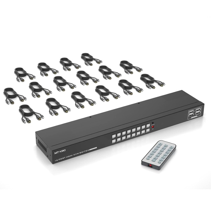 KVM HDMI kapcsoló 16 portos, IR vezérlés, 1U rack, 4K30Hz, 16 HDMI kábelt tartalmazó készlet