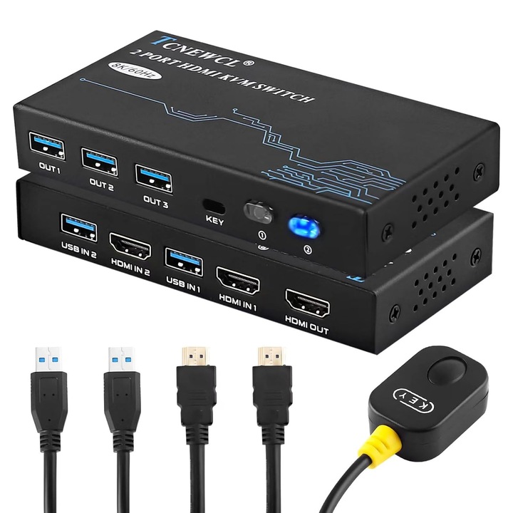 TCNEWCL KVM kapcsoló, 2 PC 1 monitor, 8K 60Hz felbontás, USB 3.0