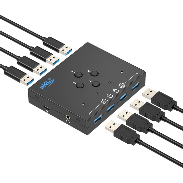 Huasian USB 3.0 KVM kapcsoló, 4 PC megosztása, 4 periféria, 5Gb/s sebesség, 3.5mm audio port