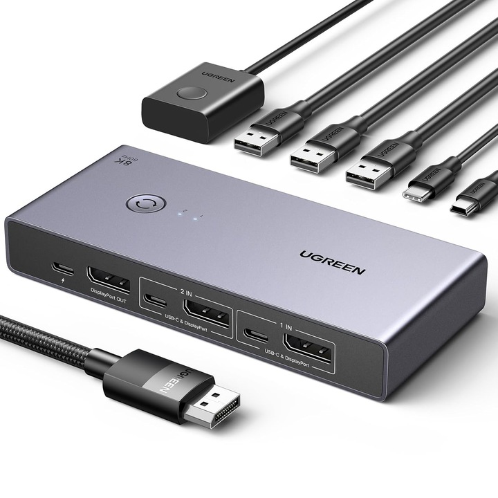 UGREEN DisplayPort KVM kapcsoló, 8K@60Hz, 4x USB 3.0, 2 PC, 1 monitor