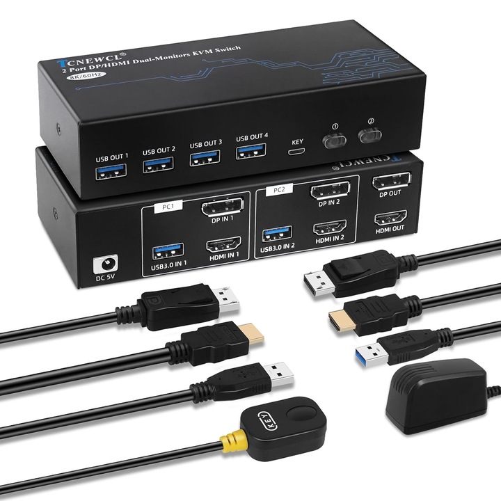 TCNEWCL KVM kapcsoló 2 PC 2 monitor 8K HDMI DP, USB 3.0, Plug & Play